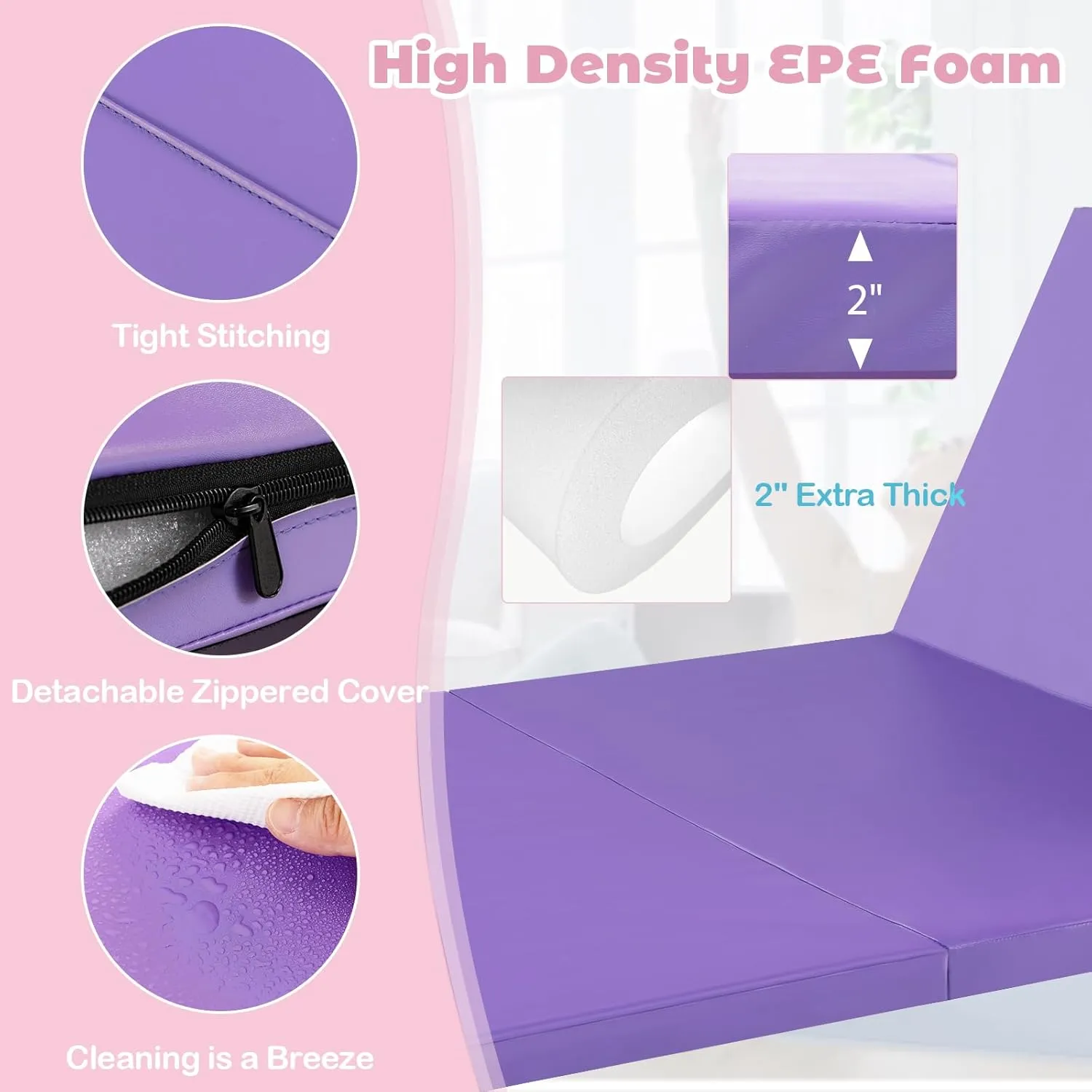 Giantex 4'x8' Gymnastics Mat, 2" Thick Folding Tumbling Mat with Carrying Handles, Foldable Gym Mat with Hook and Loop Fastener, Cheer Mats for Kids Adults Home Exercise Aerobics Fitness
