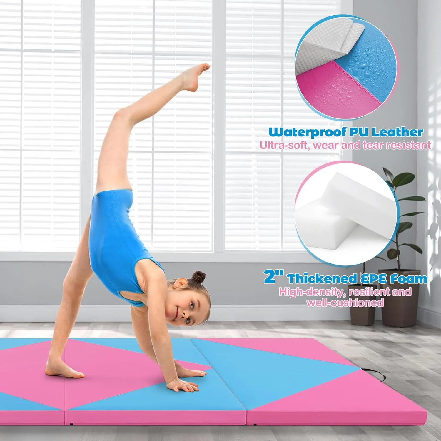 Giantex 4'x8' Gymnastics Mat, 2" Thick Folding Tumbling Mat with Carrying Handles, Foldable Gym Mat with Hook and Loop Fastener, Cheer Mats for Kids Adults Home Exercise Aerobics Fitness