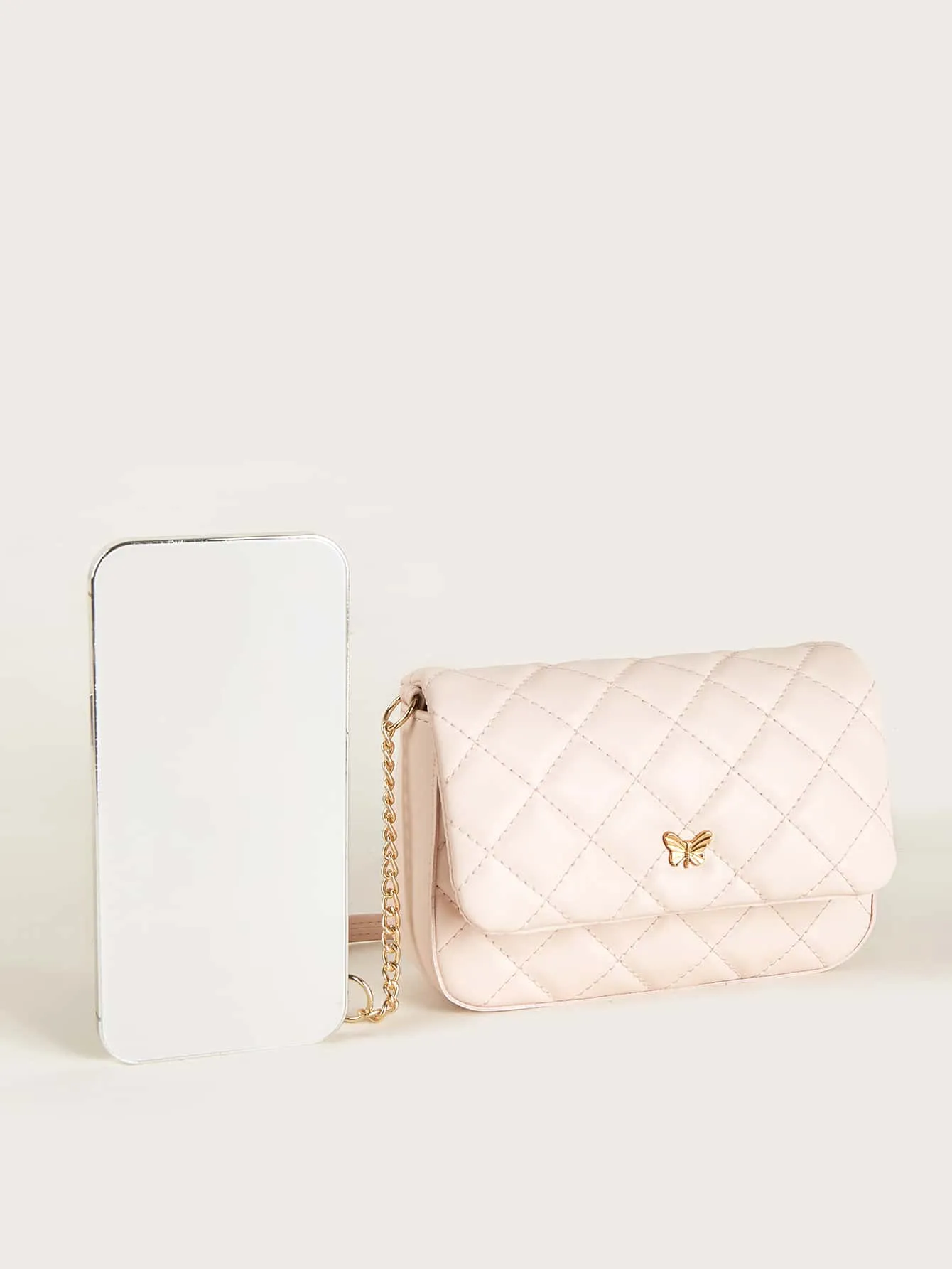 Girls Butterfly Decor Quilted Flap Chain Square Bag FD