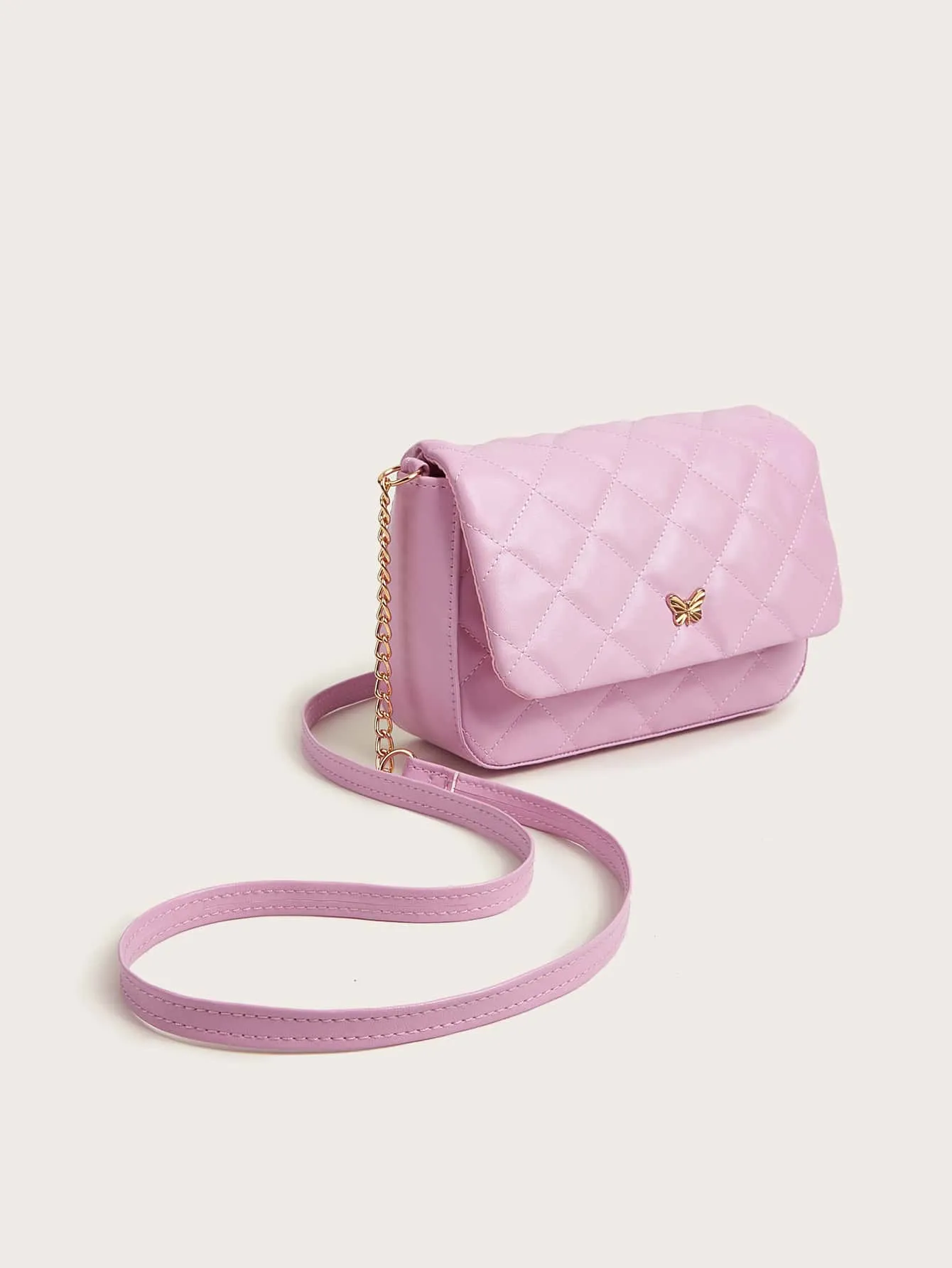 Girls Butterfly Decor Quilted Flap Chain Square Bag FD