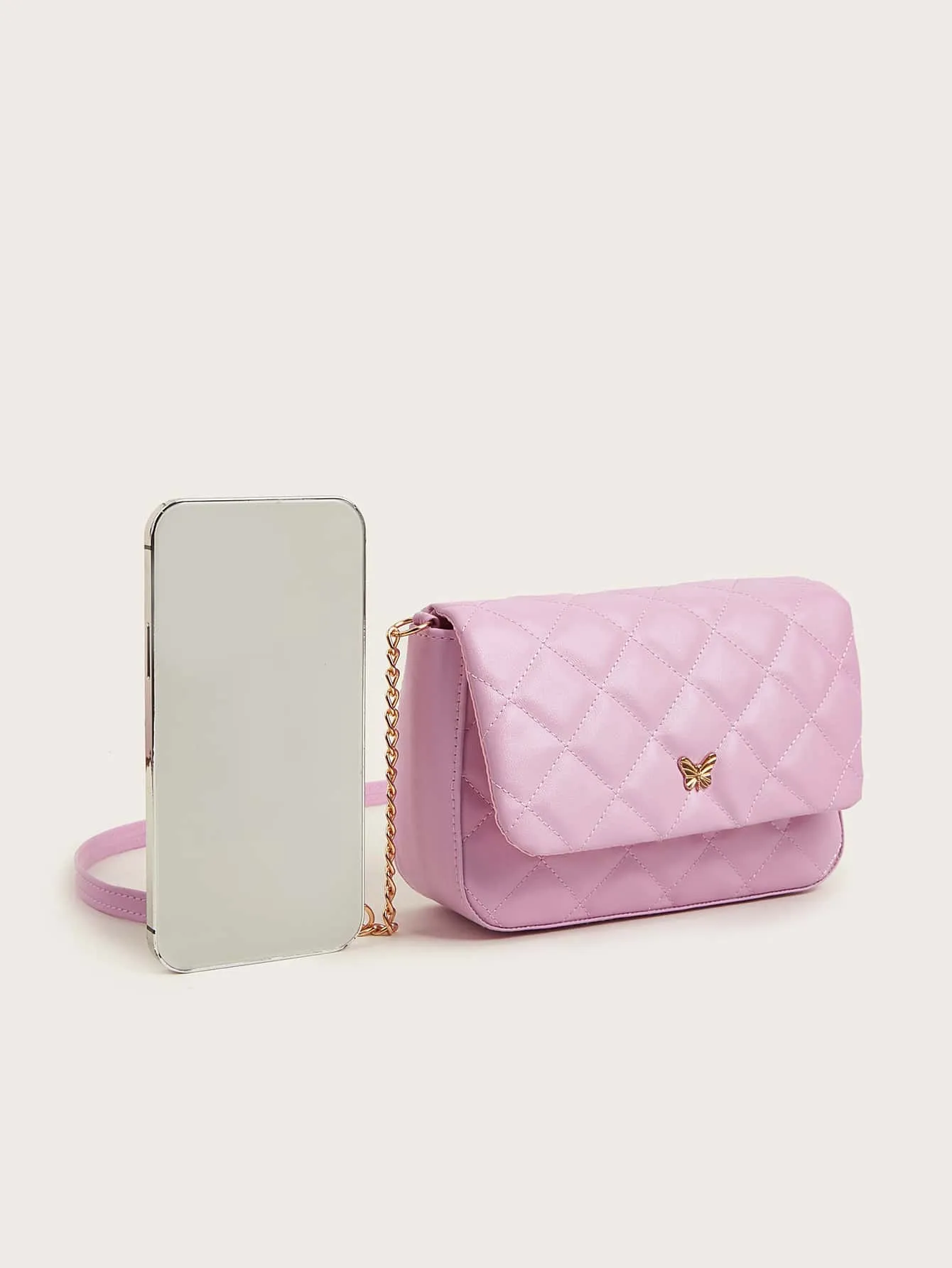 Girls Butterfly Decor Quilted Flap Chain Square Bag FD