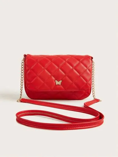 Girls Butterfly Decor Quilted Flap Chain Square Bag FD