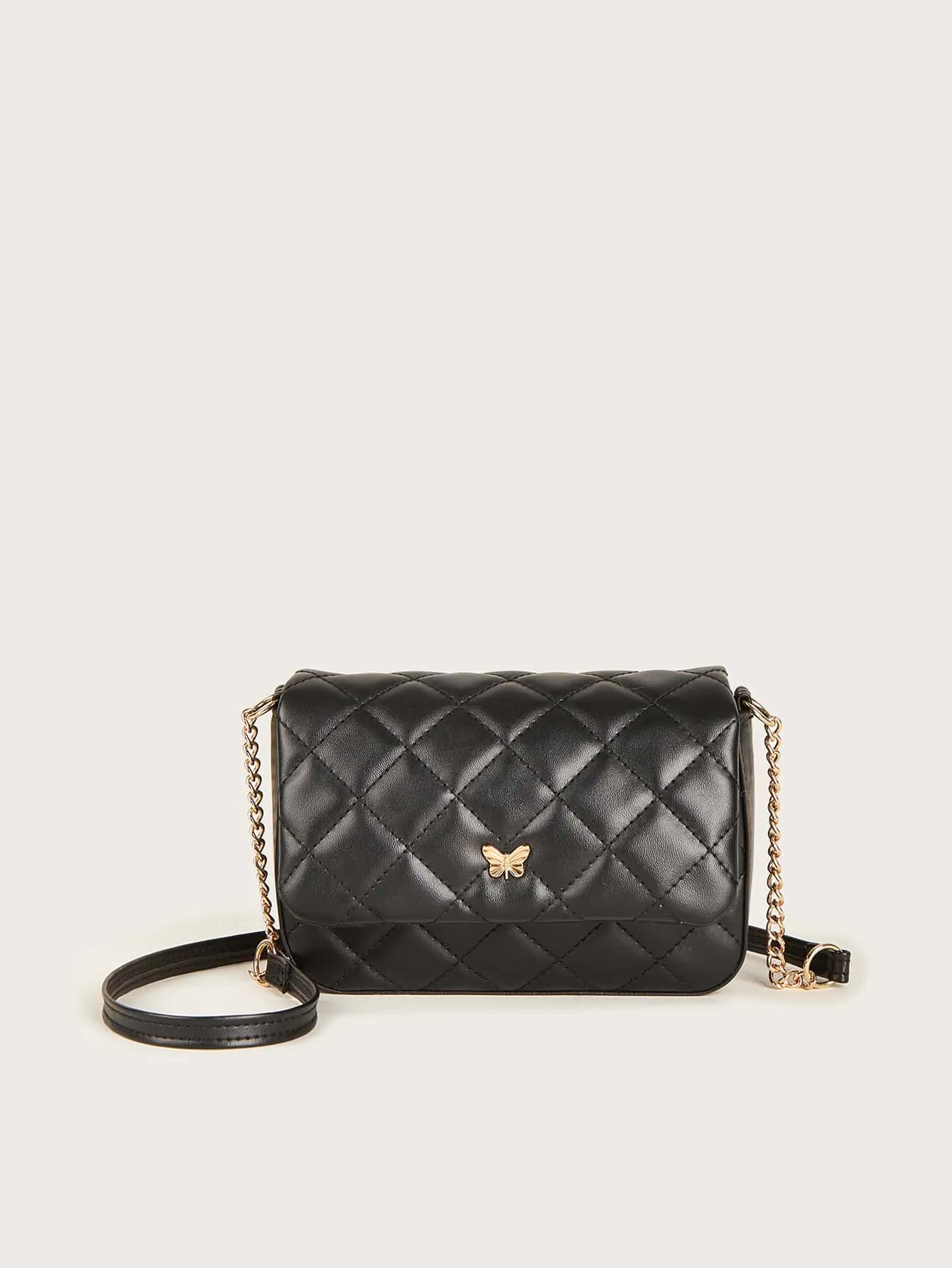 Girls Butterfly Decor Quilted Flap Chain Square Bag FD