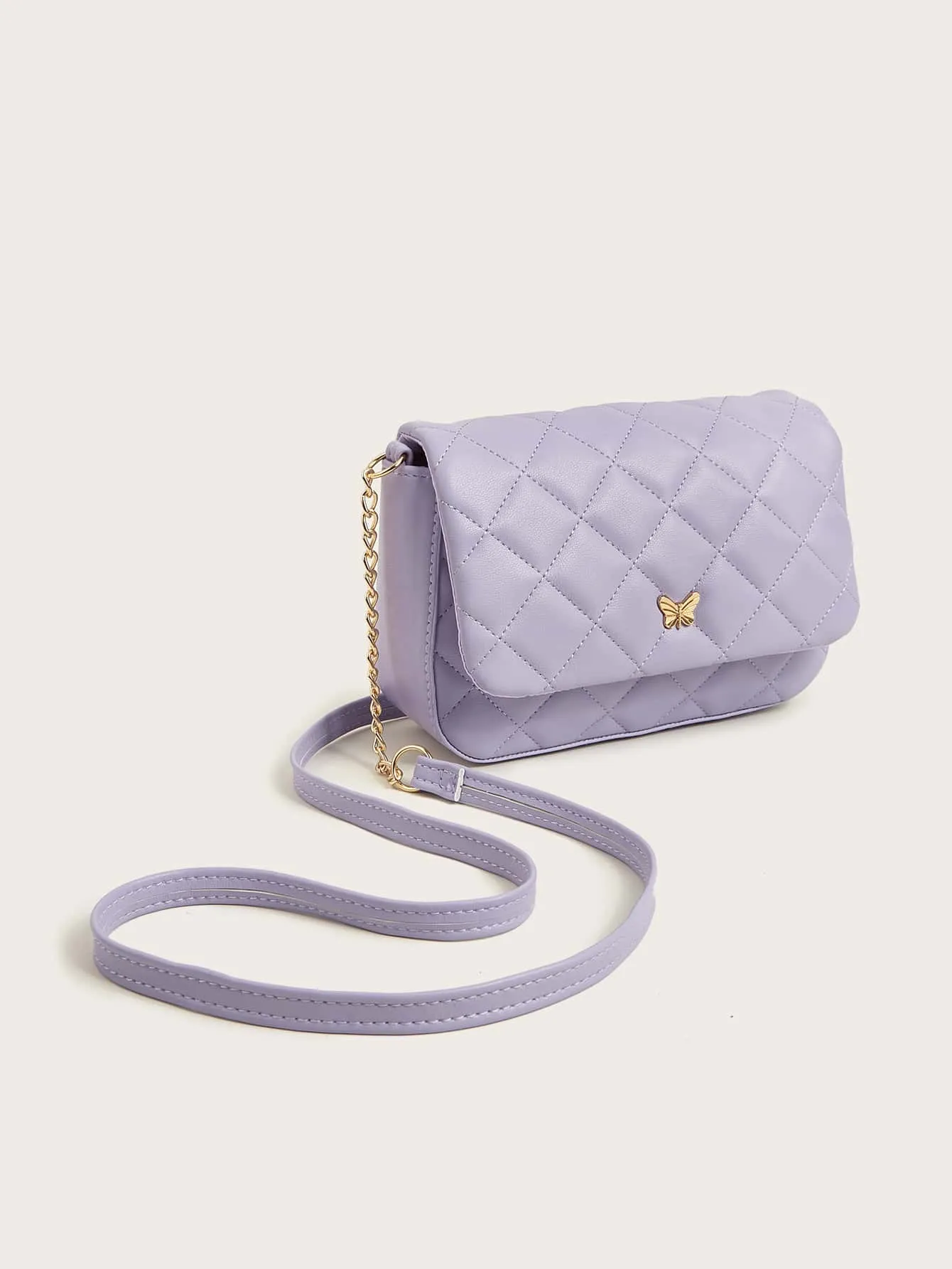 Girls Butterfly Decor Quilted Flap Chain Square Bag FD
