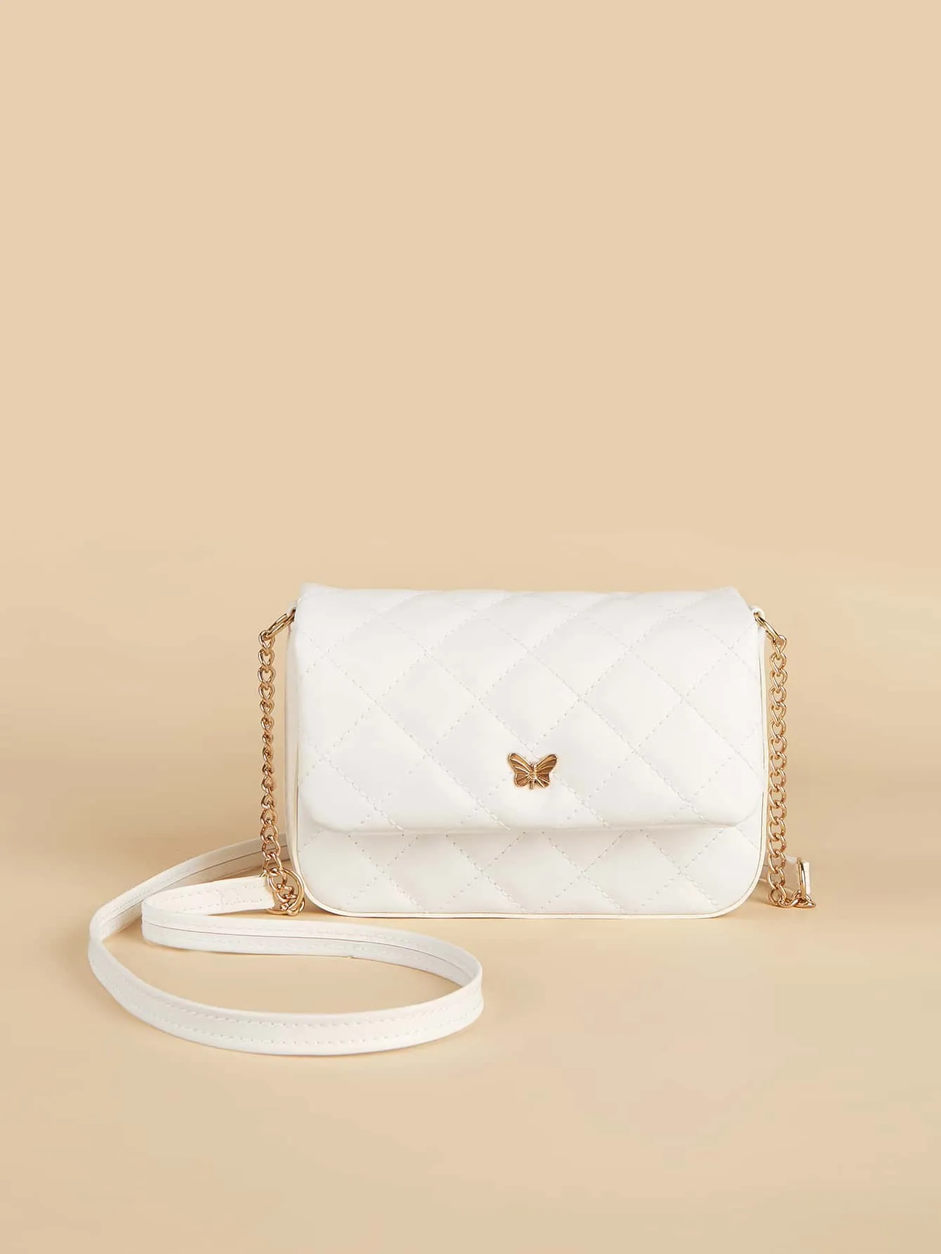 Girls Butterfly Decor Quilted Flap Chain Square Bag FD