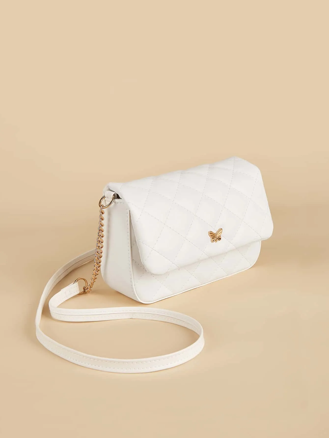 Girls Butterfly Decor Quilted Flap Chain Square Bag FD