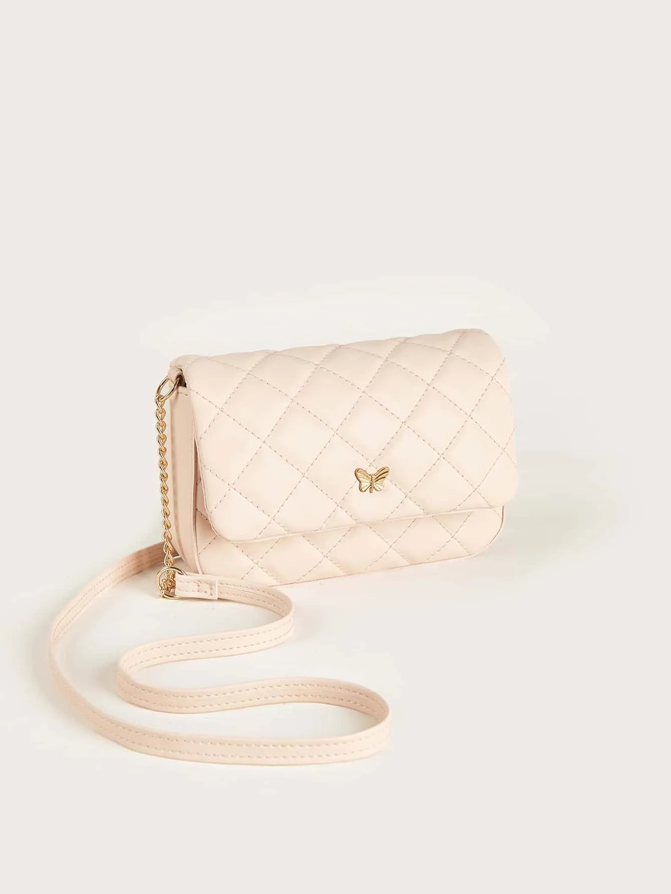 Girls Butterfly Decor Quilted Flap Chain Square Bag FD