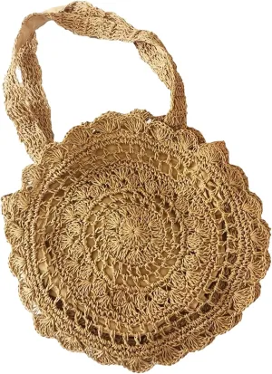 GK-O Lady Straw Tote Bags Round Handbag Crochet Wicker Rattan Boho Woven Beach Summer