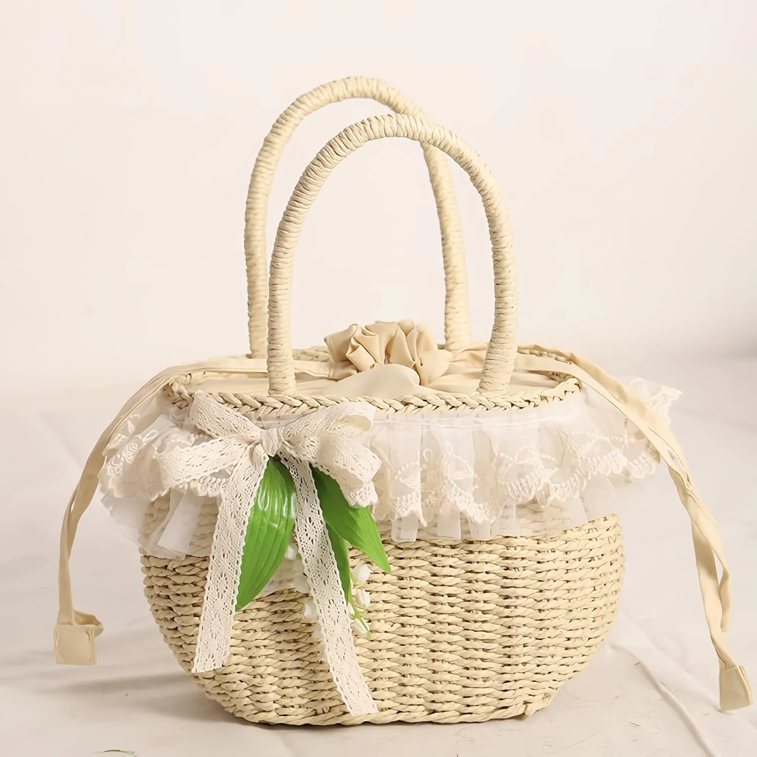 GK-O Mori Girls Handmade Straw Basket Woven Bag Sweet Knit Lolita Lace Summer Rattan Bag