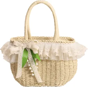 GK-O Mori Girls Handmade Straw Basket Woven Bag Sweet Knit Lolita Lace Summer Rattan Bag