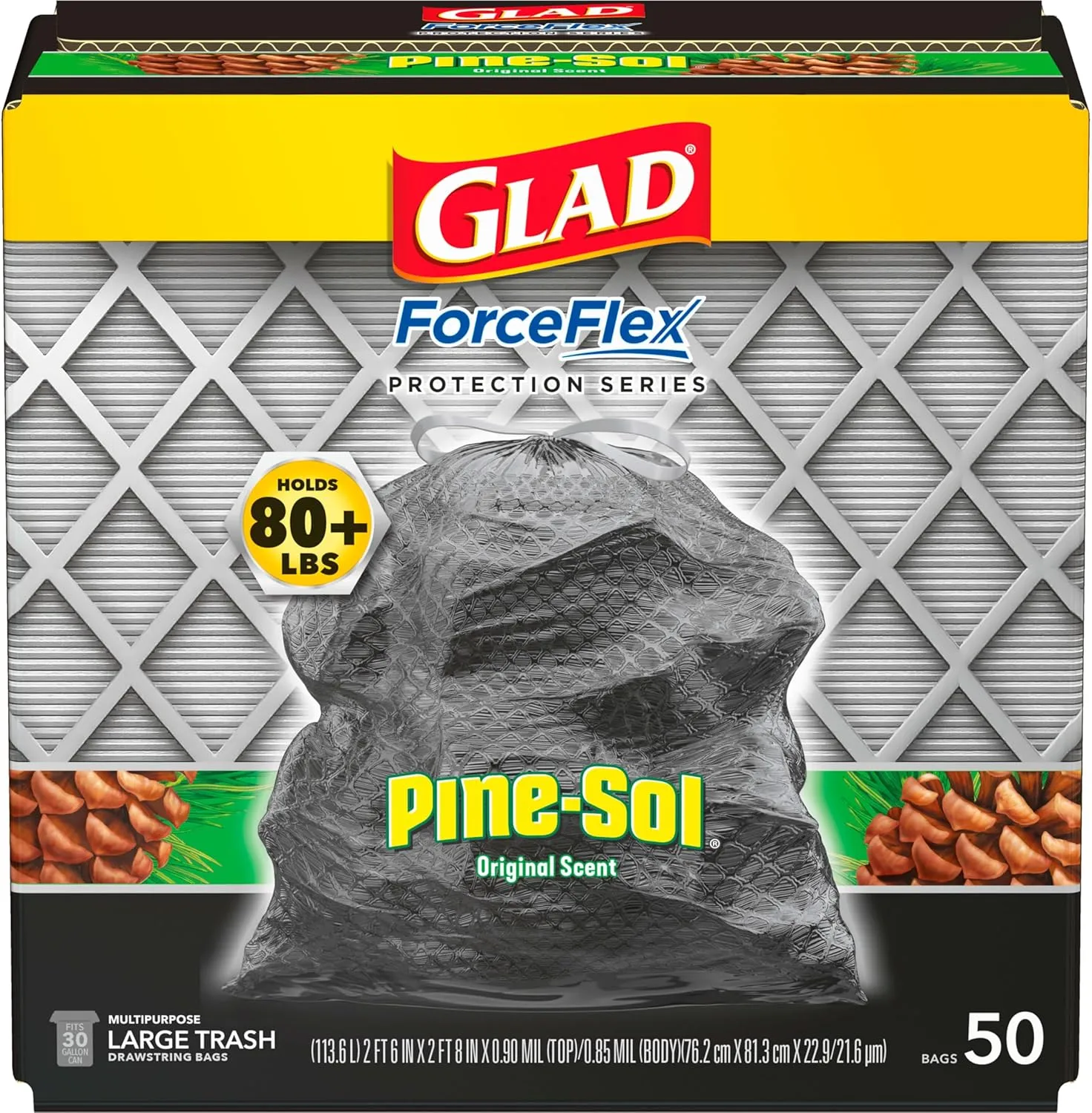 Glad ForceFlex Drawstring Large Trash Bags, 30 Gal, Pine-Sol Original Scent, 50 Ct, Pack May Vary