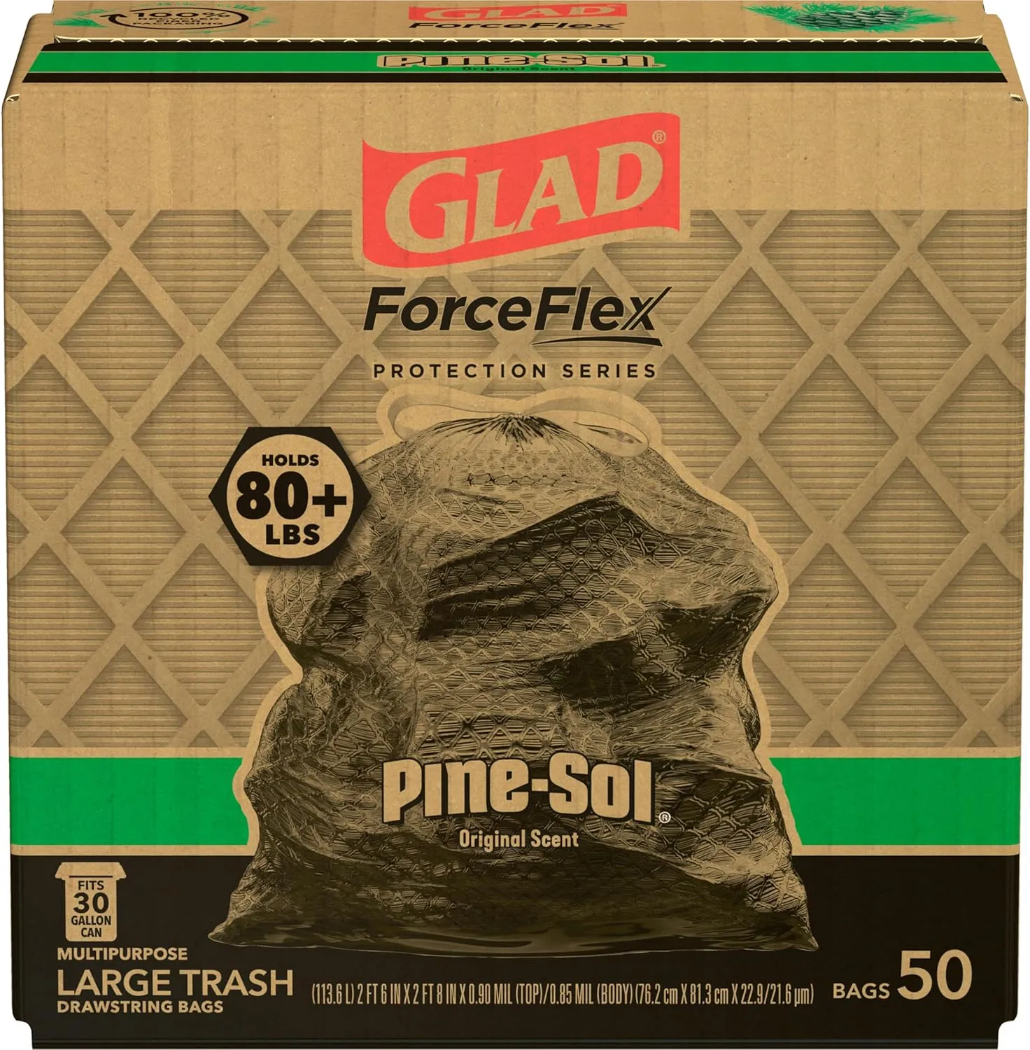 Glad ForceFlex Drawstring Large Trash Bags, 30 Gal, Pine-Sol Original Scent, 50 Ct, Pack May Vary