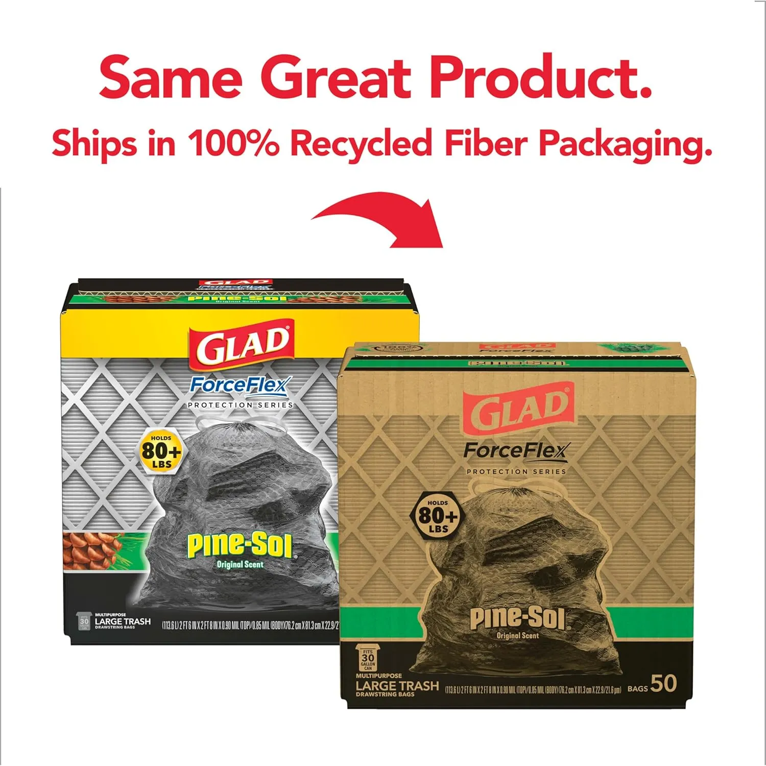 Glad ForceFlex Drawstring Large Trash Bags, 30 Gal, Pine-Sol Original Scent, 50 Ct, Pack May Vary