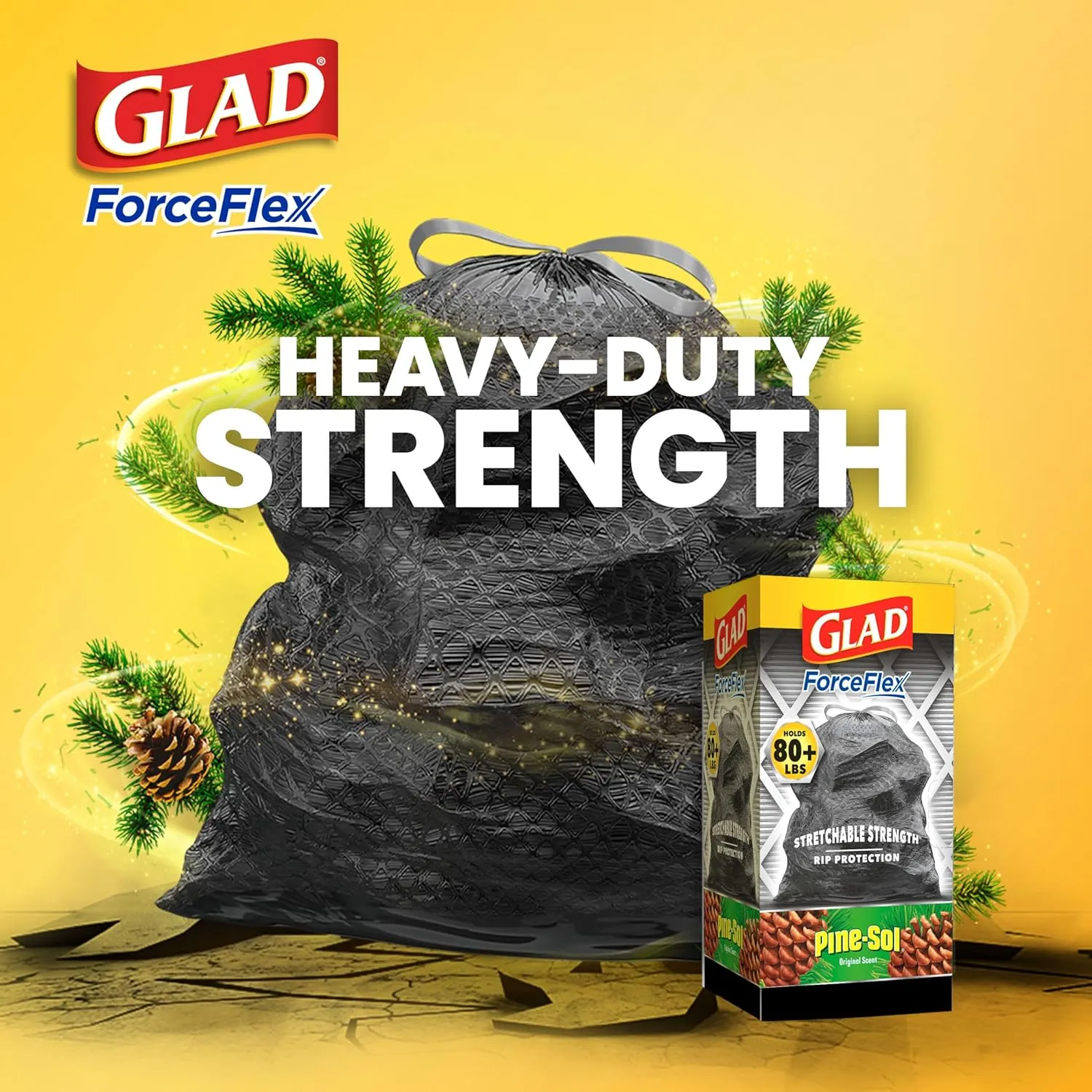 Glad ForceFlex Drawstring Large Trash Bags, 30 Gal, Pine-Sol Original Scent, 50 Ct, Pack May Vary