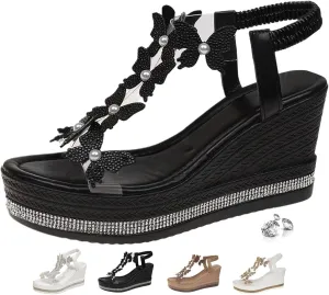 Glitter Butterfly Embellished Open Toe Sandals,Women's Chic Elegant Butterfly Pearl Slip-On Wedge Sandals Ankle Strap Wide Walking Shoes