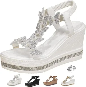 Glitter Butterfly Embellished Open Toe Sandals,Women's Chic Elegant Butterfly Pearl Slip-On Wedge Sandals Ankle Strap Wide Walking Shoes