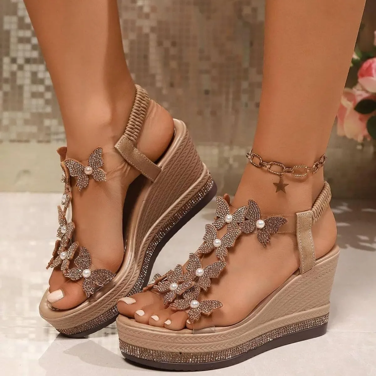 Glitter Butterfly Embellished Open Toe Sandals,Women's Chic Elegant Butterfly Pearl Slip-On Wedge Sandals Ankle Strap Wide Walking Shoes