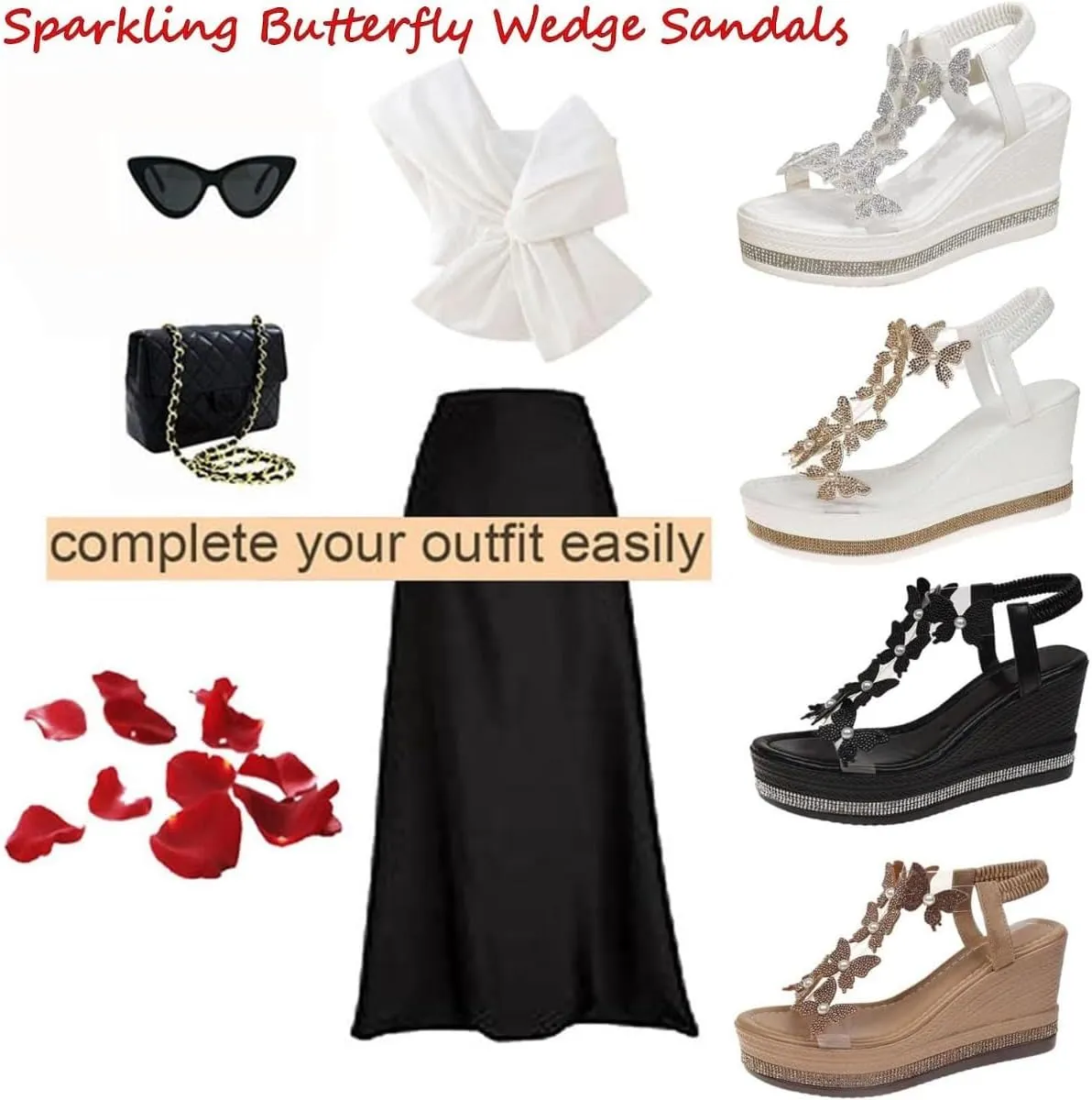 Glitter Butterfly Embellished Open Toe Sandals,Women's Chic Elegant Butterfly Pearl Slip-On Wedge Sandals Ankle Strap Wide Walking Shoes