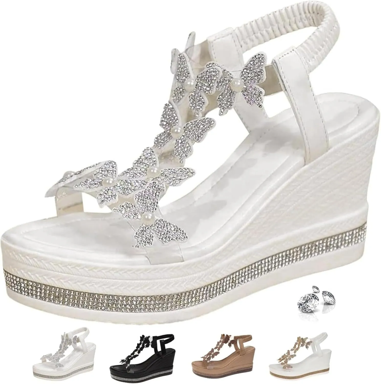 Glitter Butterfly Embellished Open Toe Sandals,Women's Chic Elegant Butterfly Pearl Slip-On Wedge Sandals Ankle Strap Wide Walking Shoes