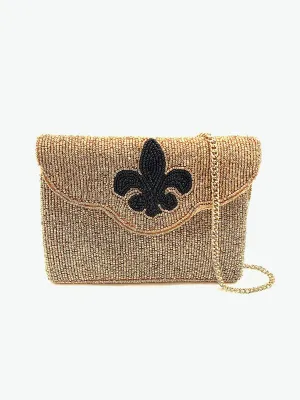 GOLD BEADED MINI CLUTCH WITH BLACK FLEUR DE LIS
