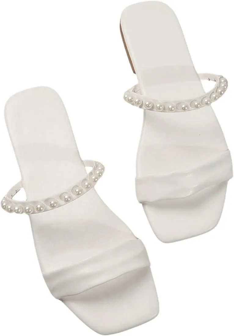GORGLITTER Women's Pearl Strappy Flat Sandals Slip On Open Toe Wedding Slide Sandals with Pearls