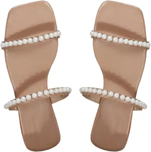 GORGLITTER Women's Pearl Strappy Flat Sandals Slip On Open Toe Wedding Slide Sandals with Pearls