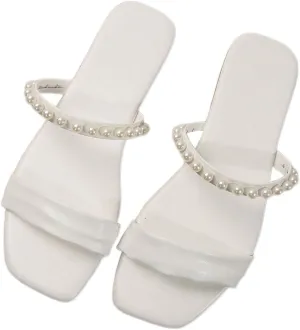 GORGLITTER Women's Pearl Strappy Flat Sandals Slip On Open Toe Wedding Slide Sandals with Pearls