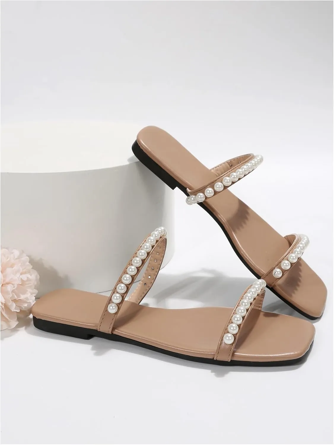 GORGLITTER Women's Pearl Strappy Flat Sandals Slip On Open Toe Wedding Slide Sandals with Pearls