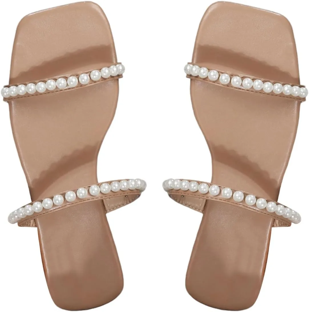 GORGLITTER Women's Pearl Strappy Flat Sandals Slip On Open Toe Wedding Slide Sandals with Pearls