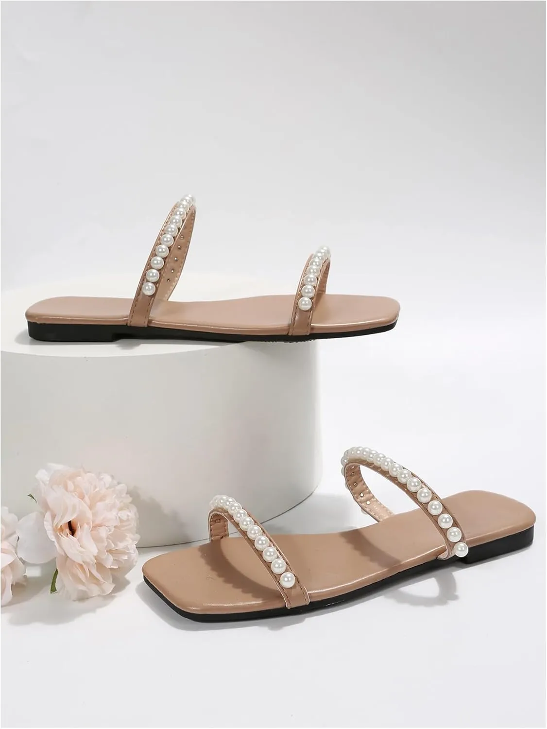GORGLITTER Women's Pearl Strappy Flat Sandals Slip On Open Toe Wedding Slide Sandals with Pearls