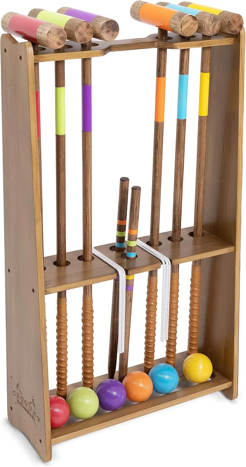 GoSports Premium Wood Stained Six Player Croquet Set with Handcrafted Wooden Stand