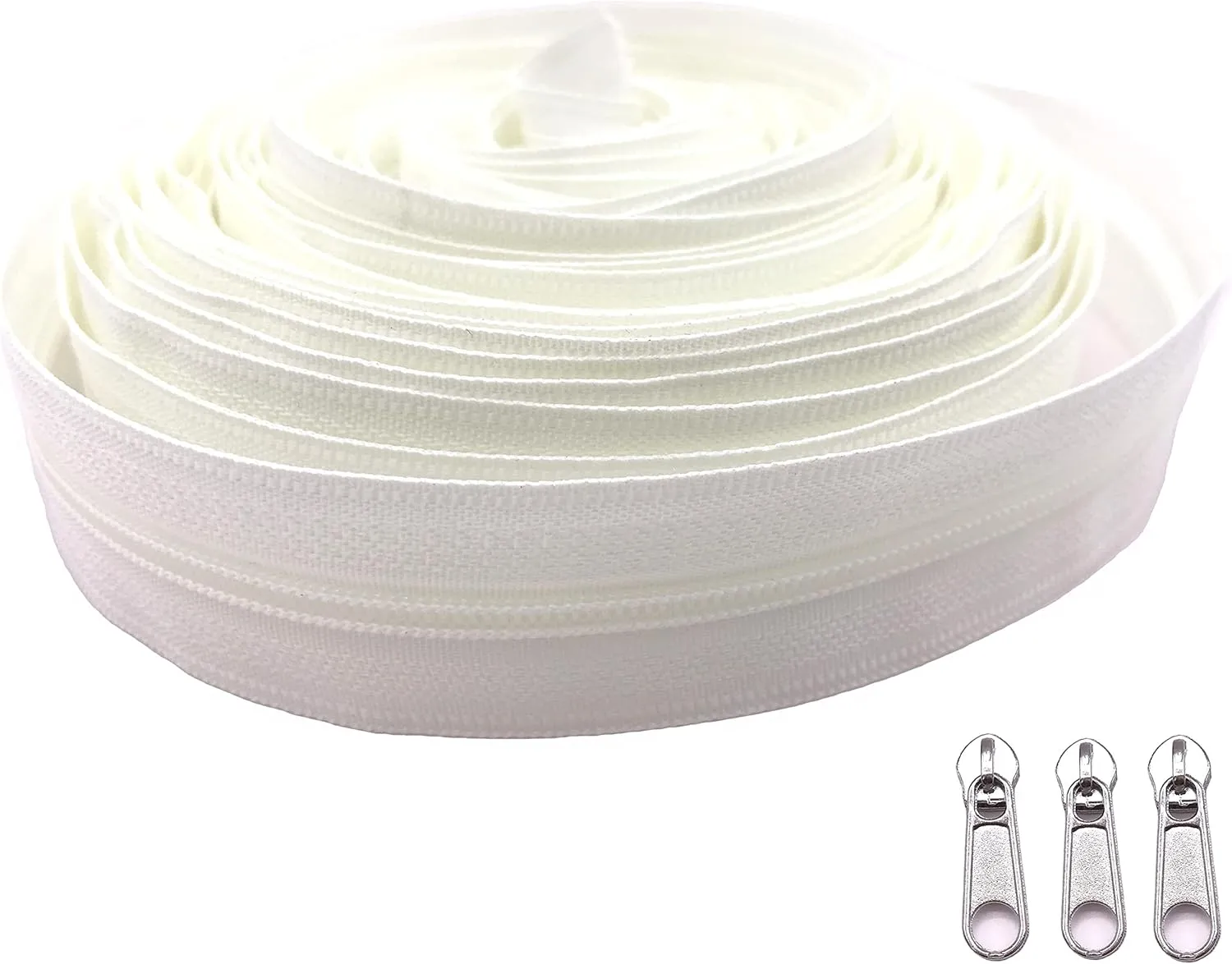 Goyunwell #3 White Zipper Tape by The Yard Zippers for Sewing Nylon Coil Off White Zippers by The Yard 10 Yards with 30 Pieces Zipper pulls for Purse and Bag Making