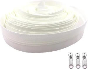 Goyunwell #3 White Zipper Tape by The Yard Zippers for Sewing Nylon Coil Off White Zippers by The Yard 10 Yards with 30 Pieces Zipper pulls for Purse and Bag Making