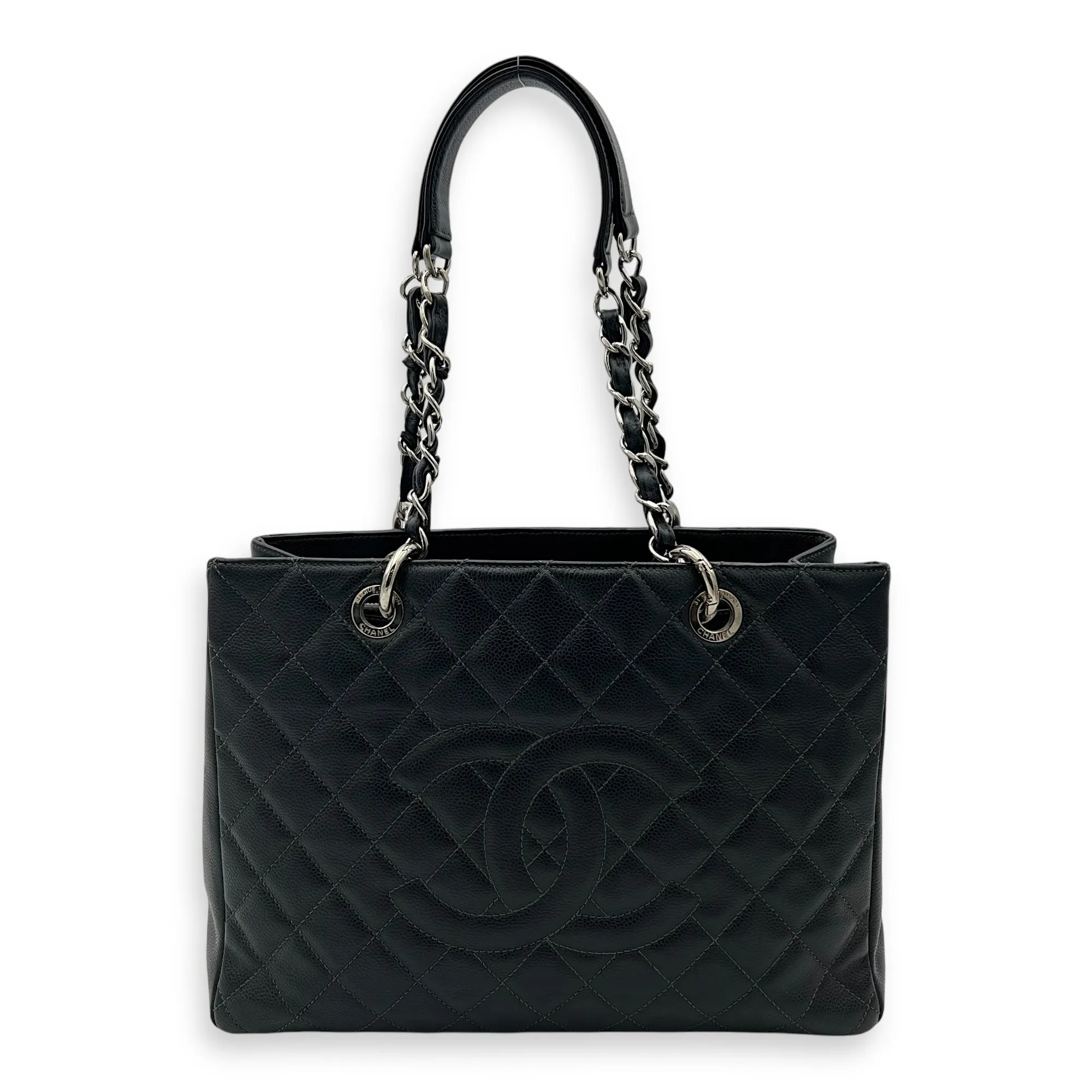 GST Grand Grey Tote Bag in Caviar Leather, Silver hardware