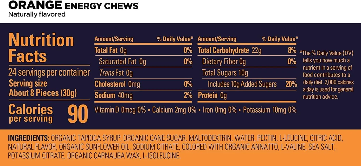 GU Energy Chews, Orange Energy Gummies with Electrolytes, Vegan, Gluten-Free, Kosher, Caffeine-Free, and Dairy-Free On-The-Go Energy for Any Workout, 12 Bags (24 Servings Total)