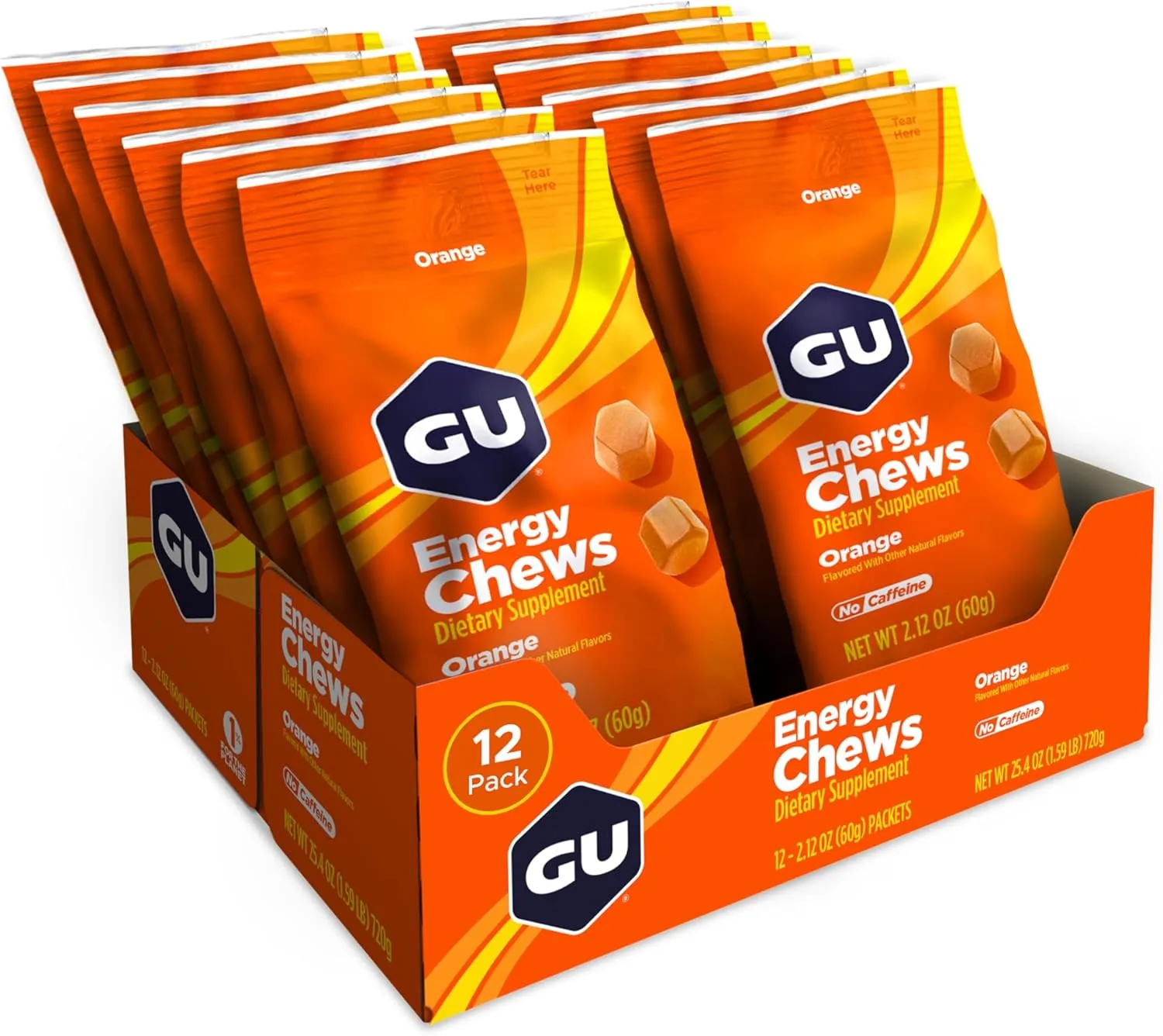 GU Energy Chews, Orange Energy Gummies with Electrolytes, Vegan, Gluten-Free, Kosher, Caffeine-Free, and Dairy-Free On-The-Go Energy for Any Workout, 12 Bags (24 Servings Total)