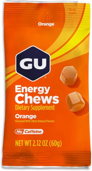 GU Energy Chews, Orange Energy Gummies with Electrolytes, Vegan, Gluten-Free, Kosher, Caffeine-Free, and Dairy-Free On-The-Go Energy for Any Workout, 12 Bags (24 Servings Total)