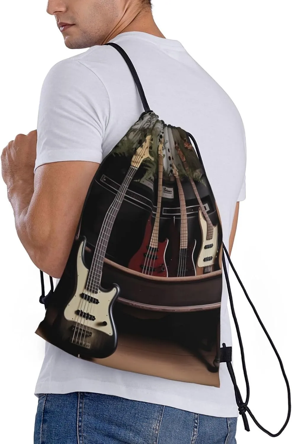 Guitar Bass Music Musical Instruments Drawstring Backpack Draw String Bag Waterproof Sports Bag Gym Cinch Bags for Women Men, Medium, Black