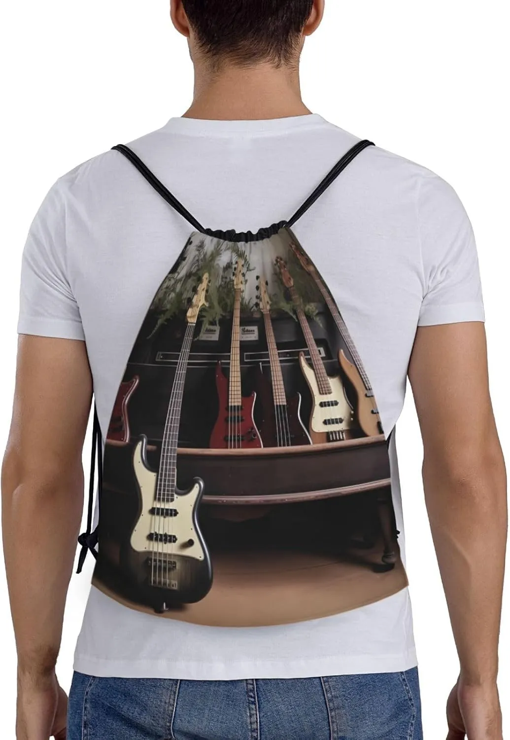 Guitar Bass Music Musical Instruments Drawstring Backpack Draw String Bag Waterproof Sports Bag Gym Cinch Bags for Women Men, Medium, Black