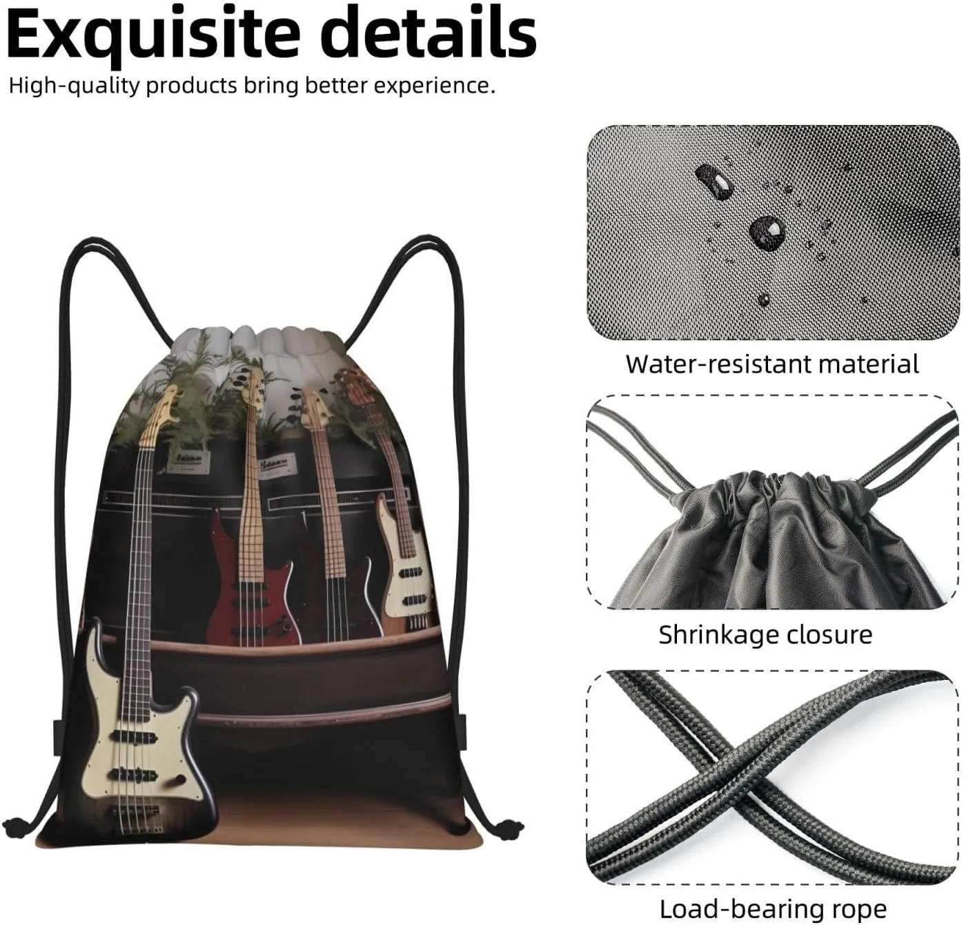 Guitar Bass Music Musical Instruments Drawstring Backpack Draw String Bag Waterproof Sports Bag Gym Cinch Bags for Women Men, Medium, Black