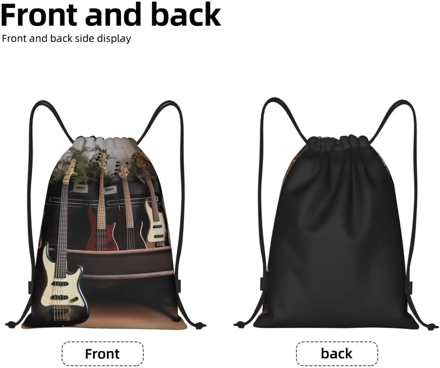 Guitar Bass Music Musical Instruments Drawstring Backpack Draw String Bag Waterproof Sports Bag Gym Cinch Bags for Women Men, Medium, Black