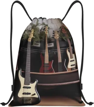 Guitar Bass Music Musical Instruments Drawstring Backpack Draw String Bag Waterproof Sports Bag Gym Cinch Bags for Women Men, Medium, Black