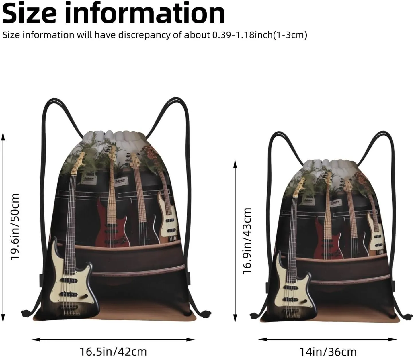 Guitar Bass Music Musical Instruments Drawstring Backpack Draw String Bag Waterproof Sports Bag Gym Cinch Bags for Women Men, Medium, Black