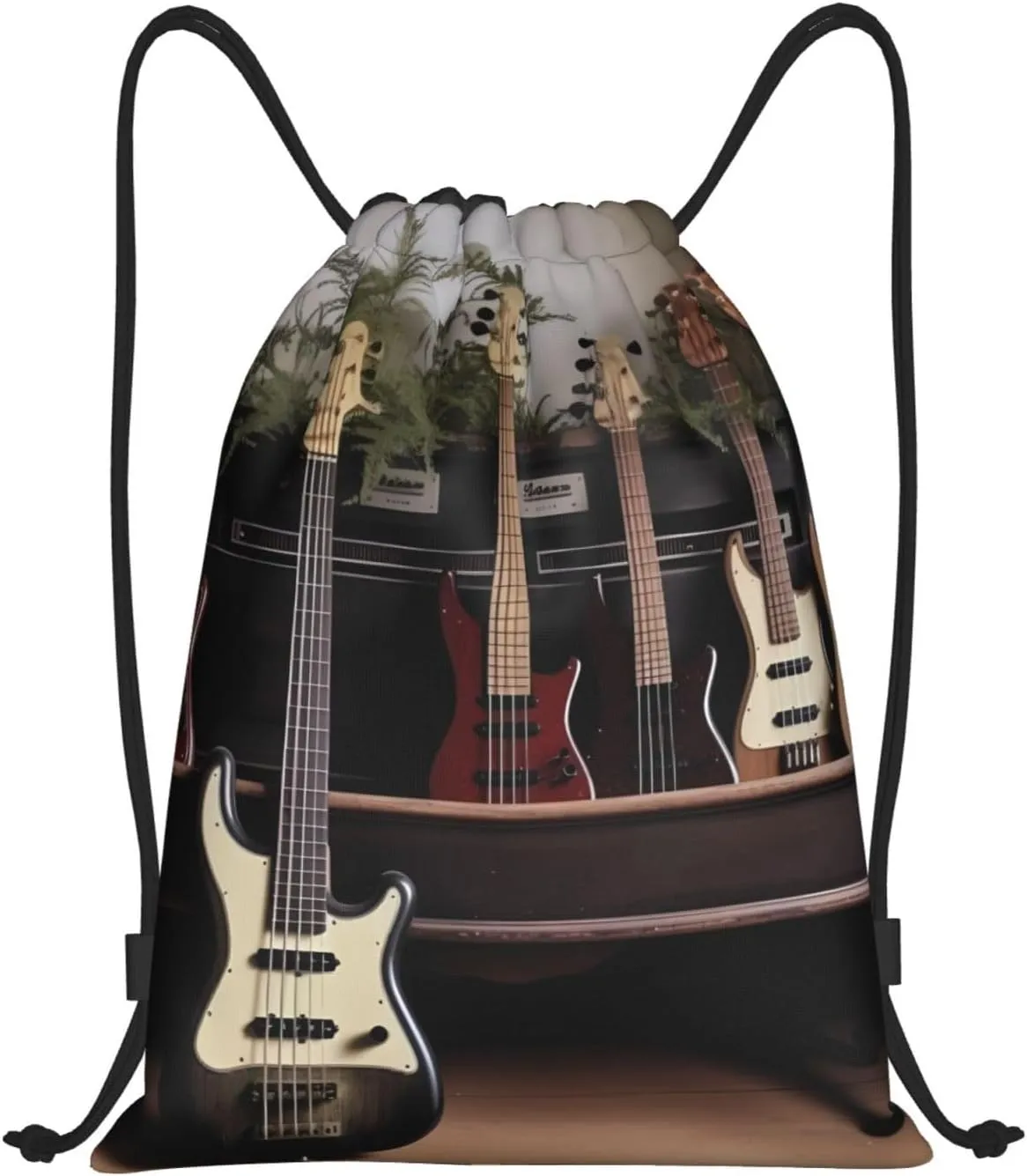 Guitar Bass Music Musical Instruments Drawstring Backpack Draw String Bag Waterproof Sports Bag Gym Cinch Bags for Women Men, Medium, Black