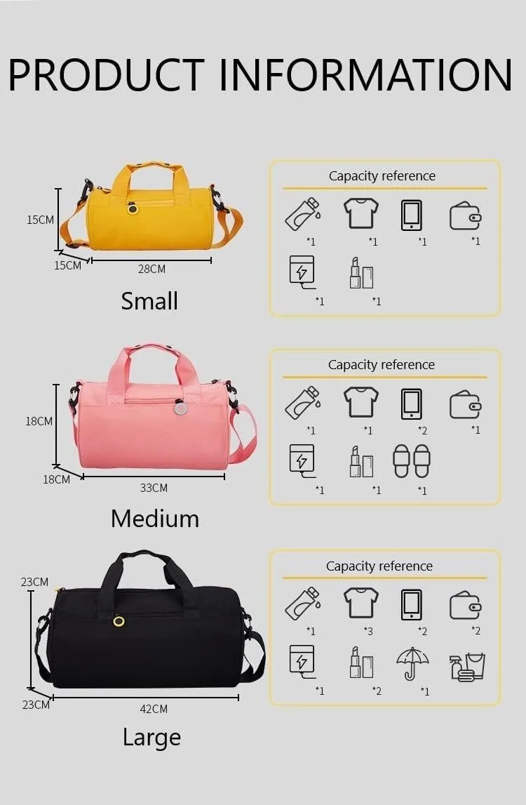 Gym Bag for Women, Waterproof Travel Bag with Wet Clothes Compartments and Adjustable Strap, Small Duffel Bag for Sports, Gyms and Weekend Getaway - Yellow