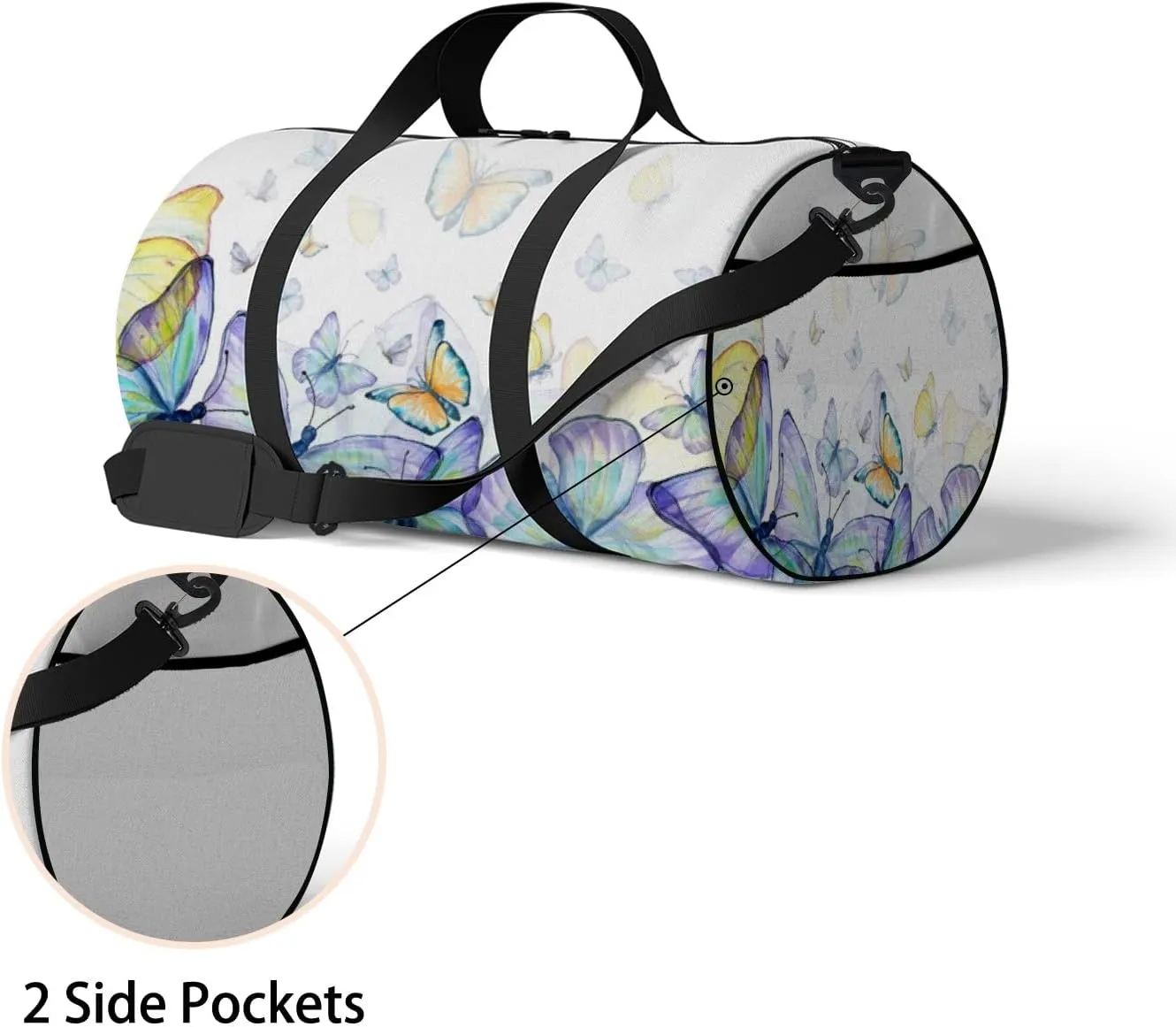 Gym Bag Sports Travel Bag Grassland Butterflies Purple Blue Weekender Bags with 2 Side Pocket Lightweight Waterproof Polyester Tote Bag for Swimming Yoga Women Men 9x17.6inch