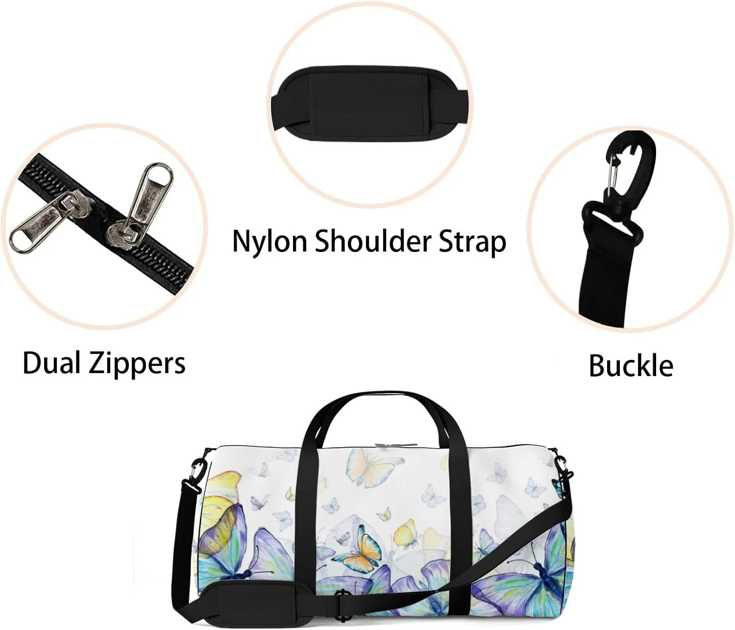 Gym Bag Sports Travel Bag Grassland Butterflies Purple Blue Weekender Bags with 2 Side Pocket Lightweight Waterproof Polyester Tote Bag for Swimming Yoga Women Men 9x17.6inch