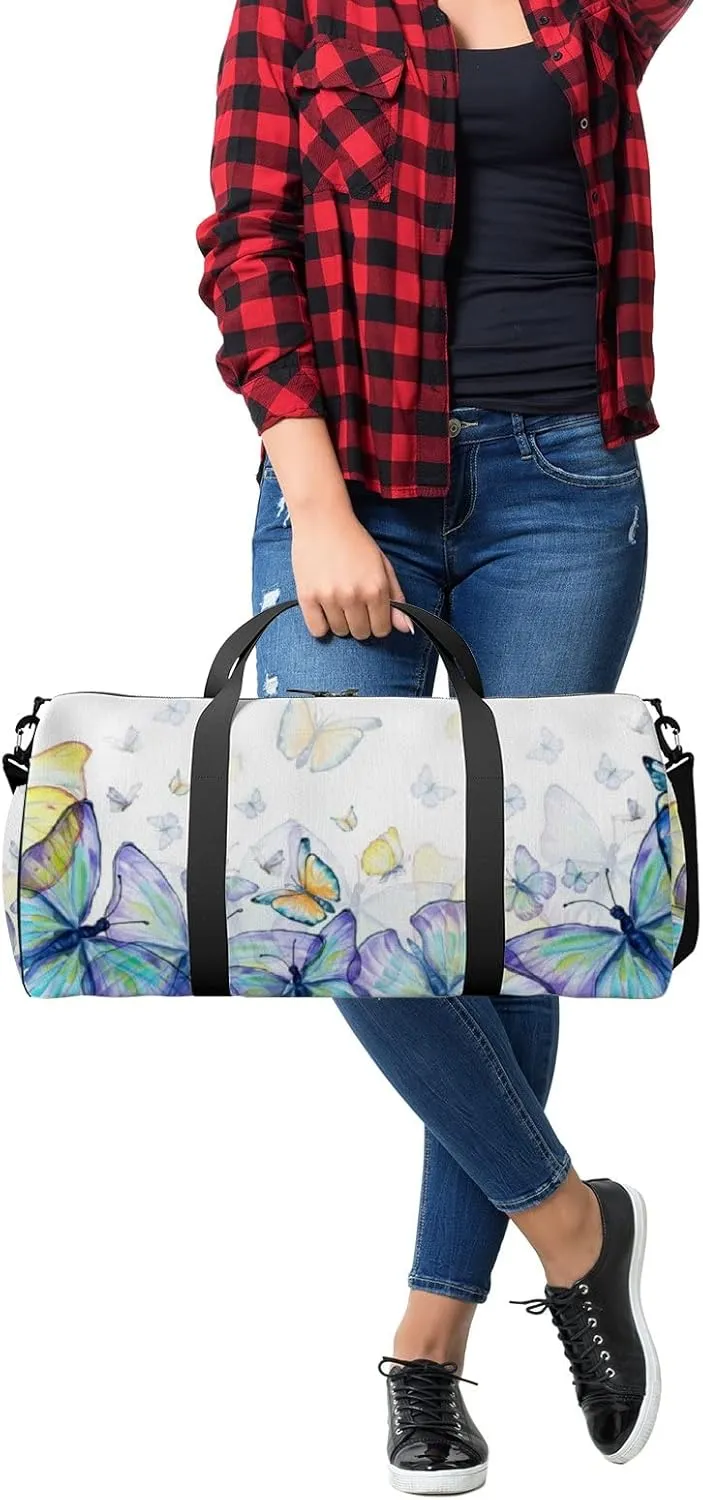 Gym Bag Sports Travel Bag Grassland Butterflies Purple Blue Weekender Bags with 2 Side Pocket Lightweight Waterproof Polyester Tote Bag for Swimming Yoga Women Men 9x17.6inch