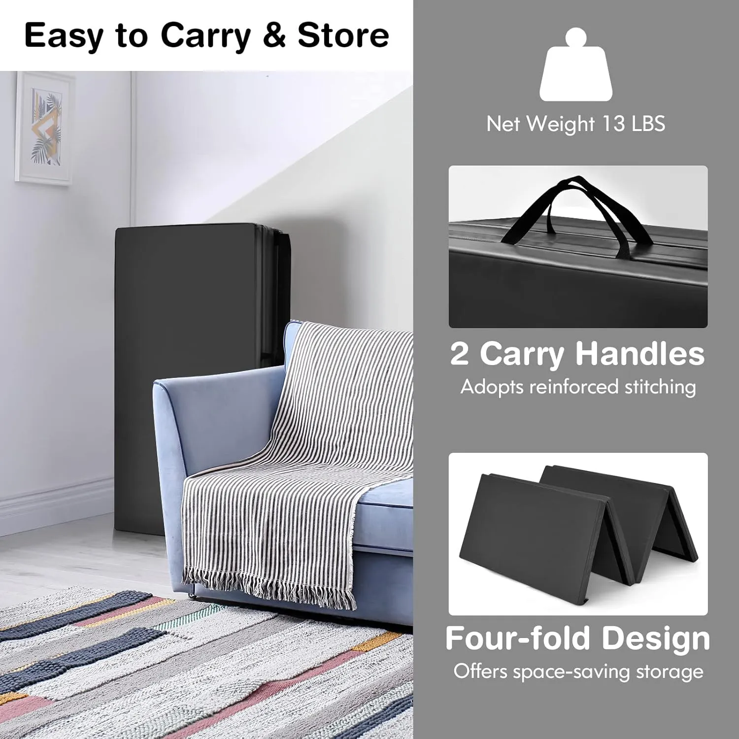 GYMAX Gymnastics Mat, 4 FT x 8 FT x 2 Inches Folding Exercise Mat w/Carry Handles & Sturdy Stitching Waterproof Cover, Tumbling Mat for Yoga Stretching Martial Arts Home Gym