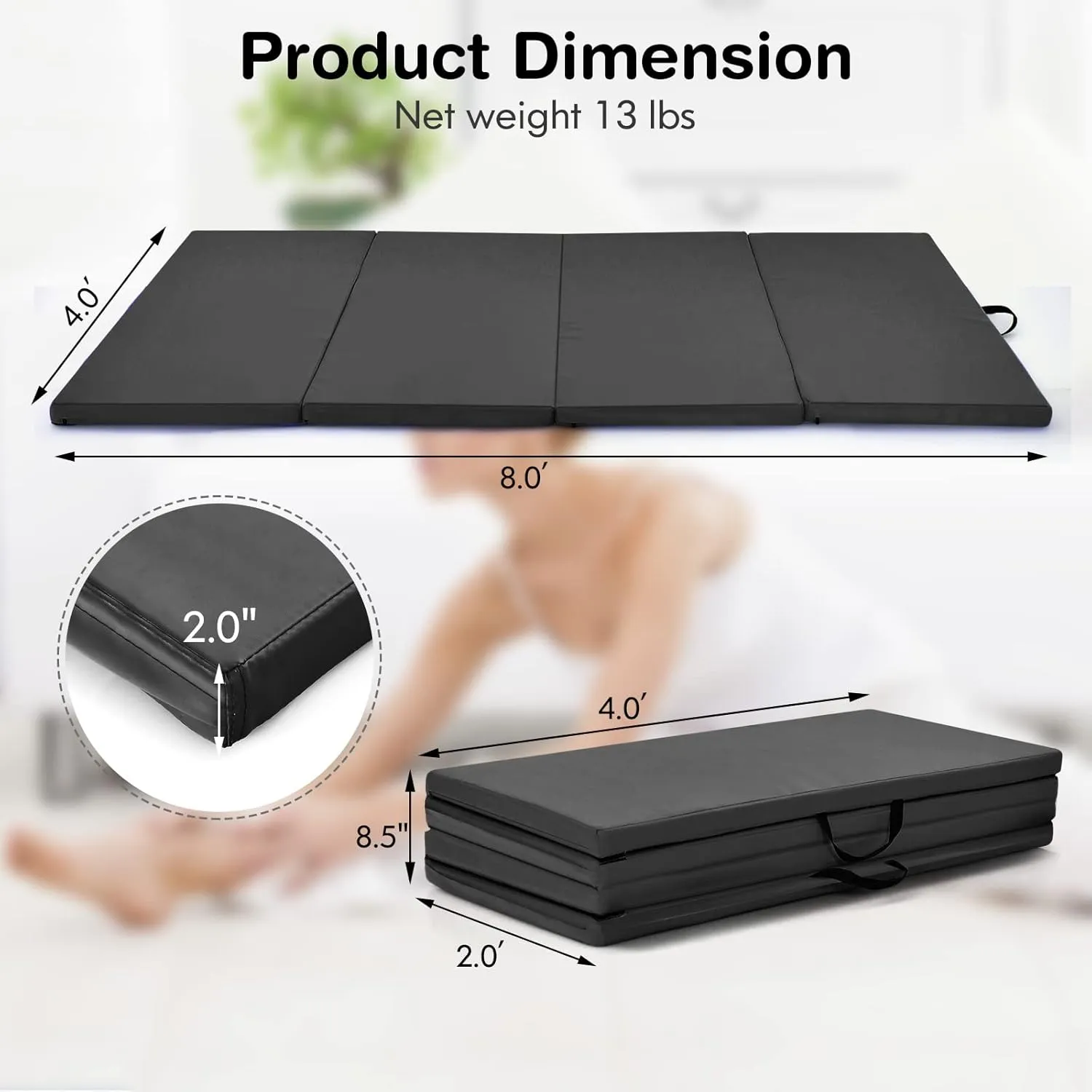 GYMAX Gymnastics Mat, 4 FT x 8 FT x 2 Inches Folding Exercise Mat w/Carry Handles & Sturdy Stitching Waterproof Cover, Tumbling Mat for Yoga Stretching Martial Arts Home Gym
